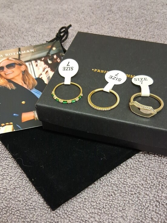 Freida Rothman Jewelry - Gold 3 Piece Stackable Ring Set with Green Stones - Size 7